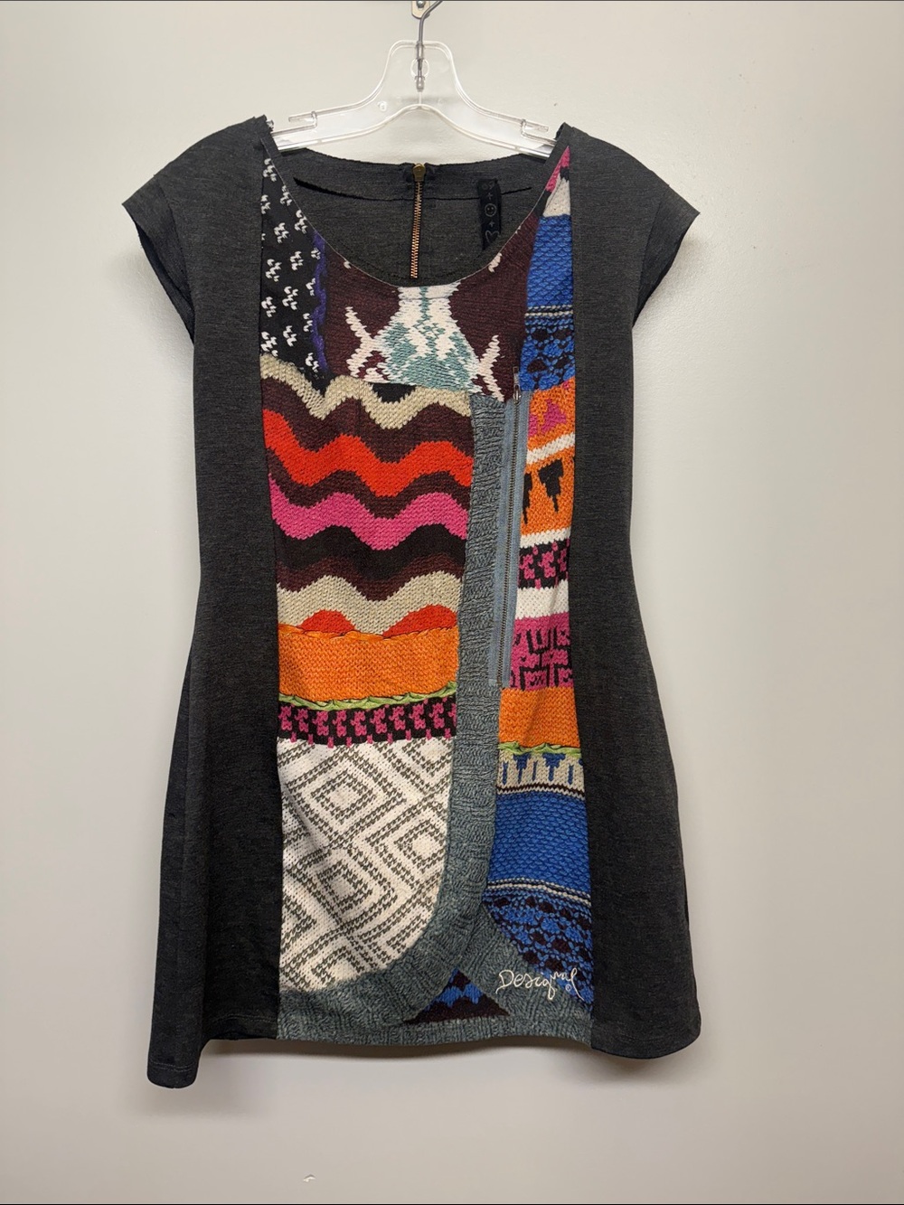 Desigual Charcoal Panel Dress with Multicolor Knit Front